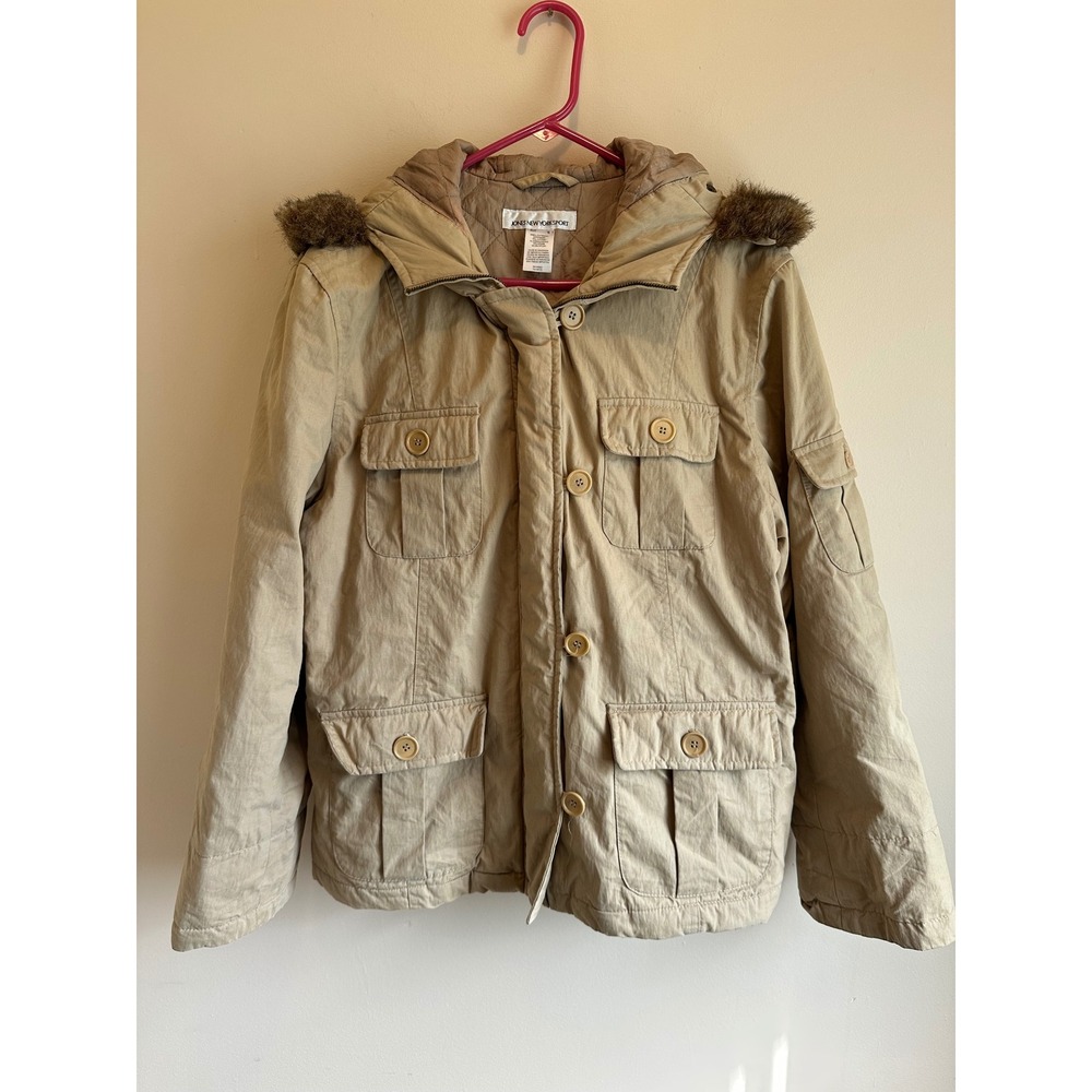 Jones New York Sport Tan Khaki Faux Fur Hood Quilted Utility Field Jacket M #70